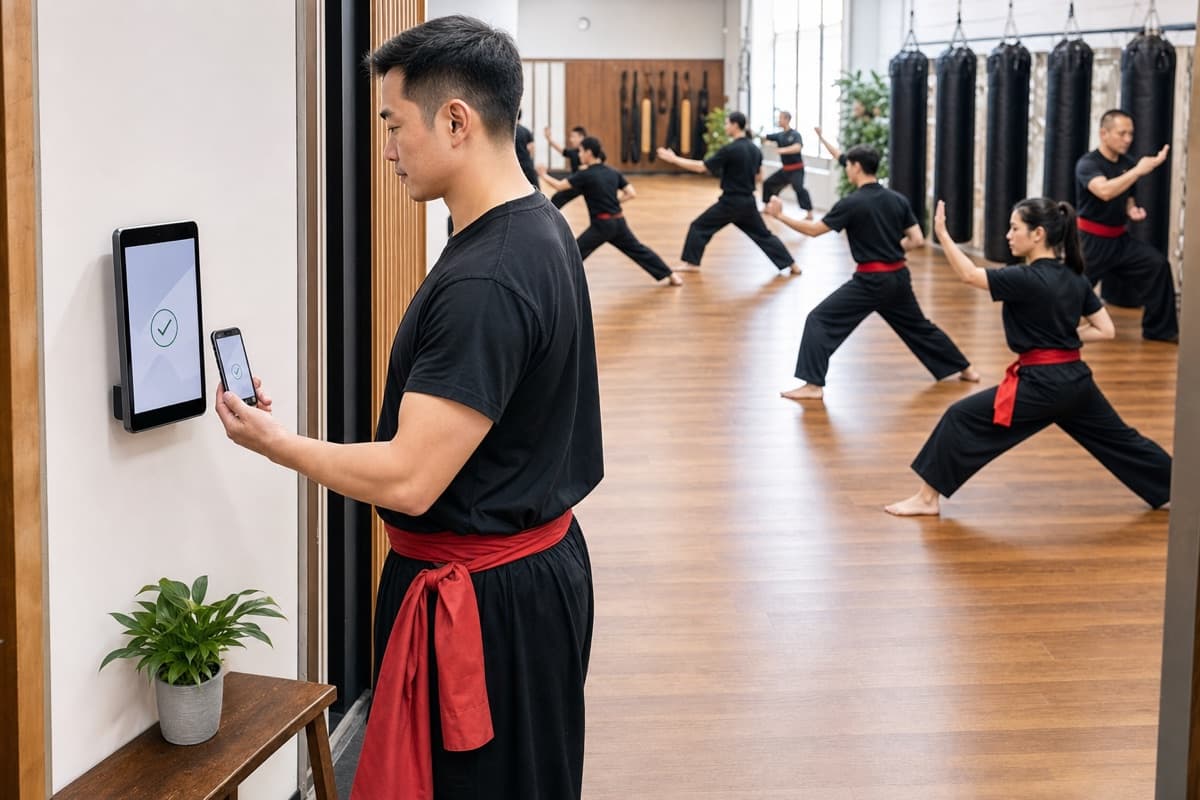 A kung fu student checking in at a wall-mounted attendance kiosk