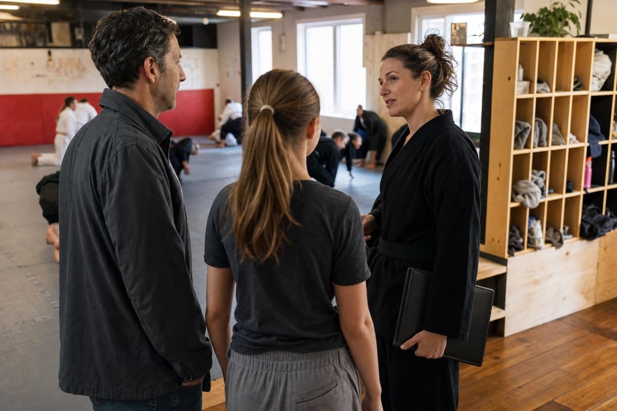 A martial arts school owner welcoming a parent and teenager for a first class