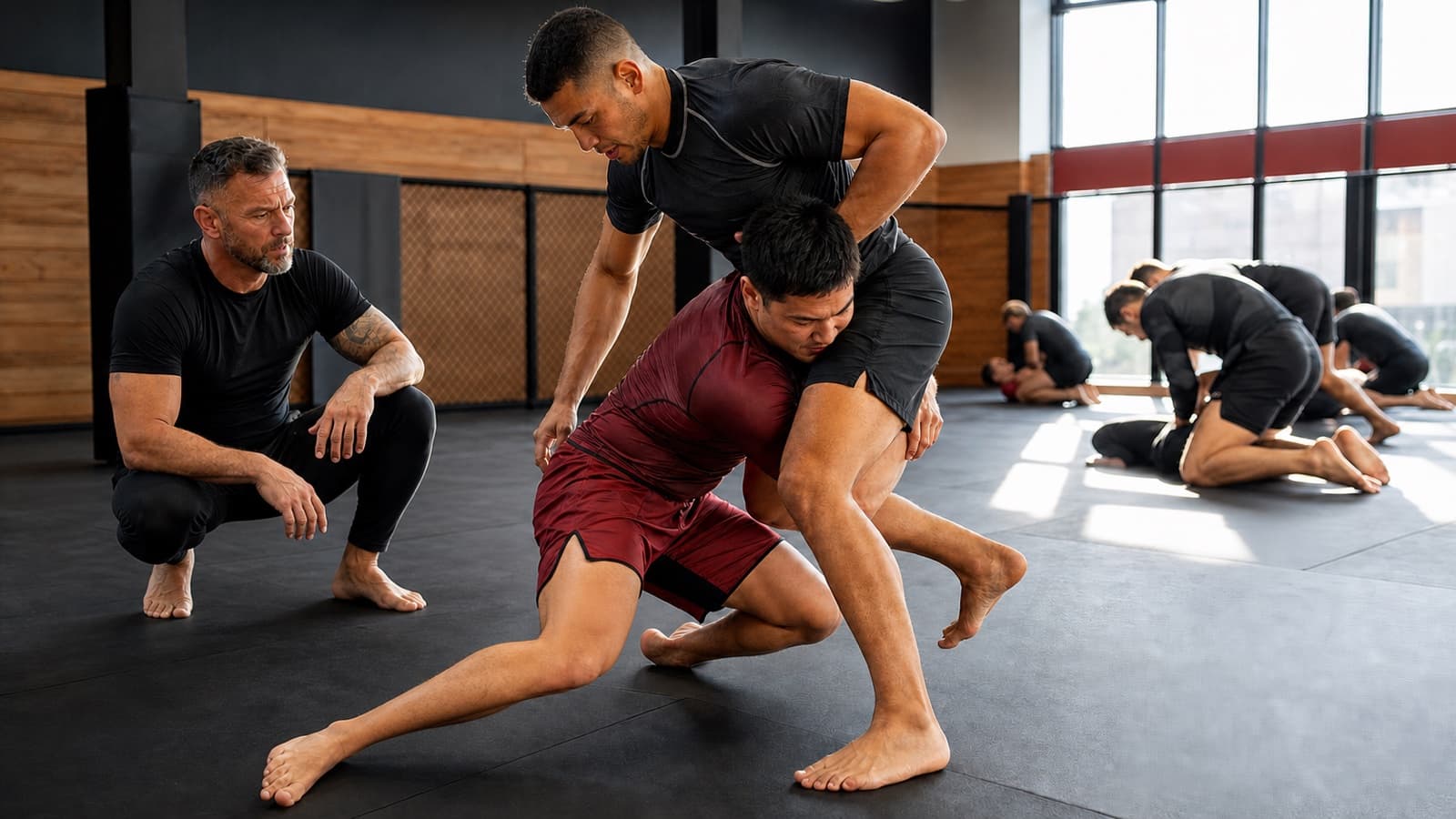 Adult MMA students drilling a takedown while their coach watches in a modern academy