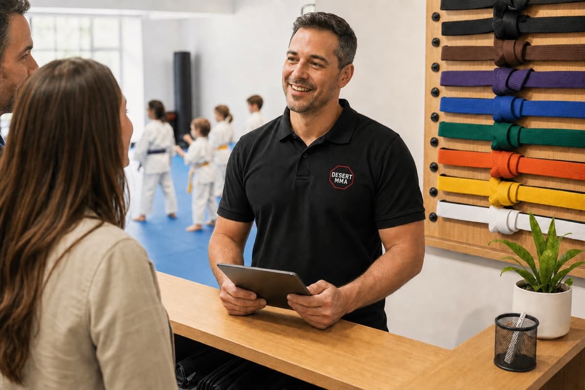 A Desert MMA school owner welcoming a family at the academy front desk